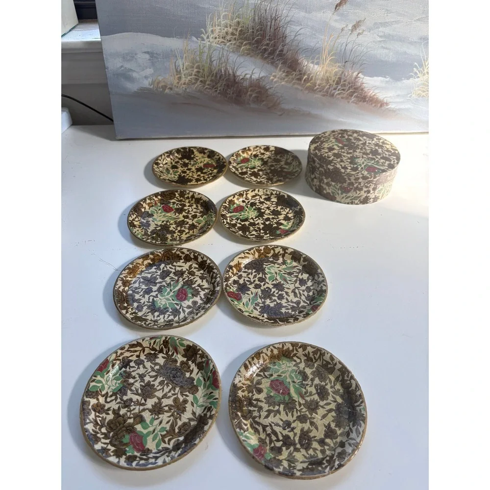 Vintage Made in Japan Papier Mache Floral Coaster Set of 8 with Matching Box